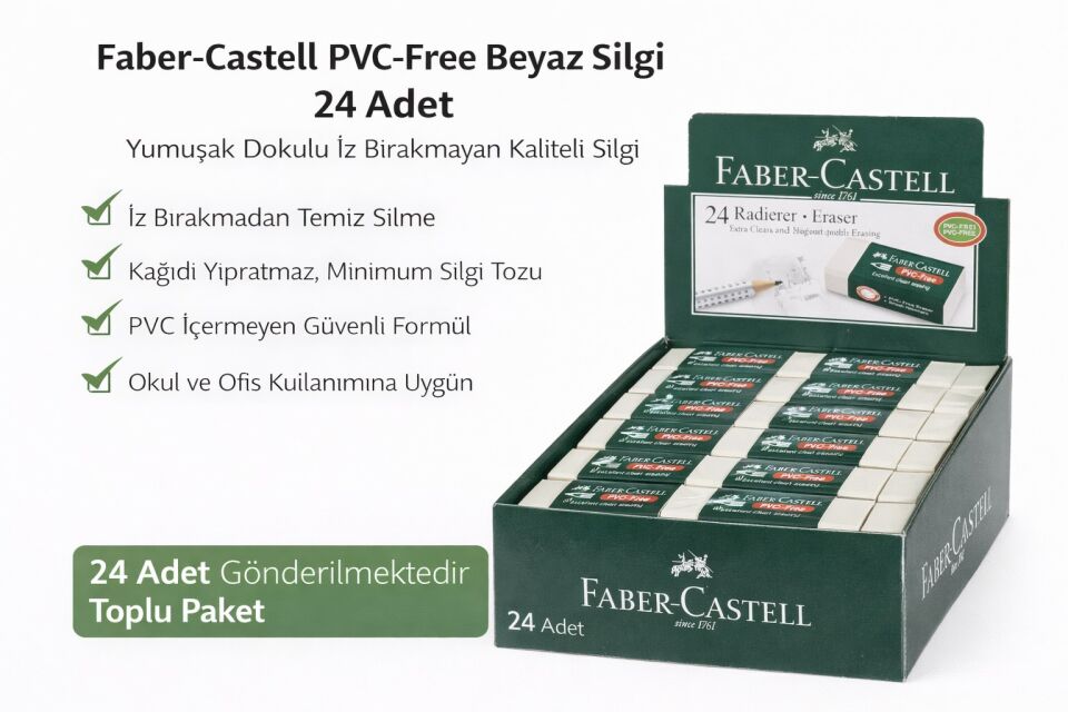 Faber-Castell No24 PVC Free Beyaz Silgi 24 Adet Standlı Kutu İz Bırakmayan Yumuşak Okul Ofis Silgisi