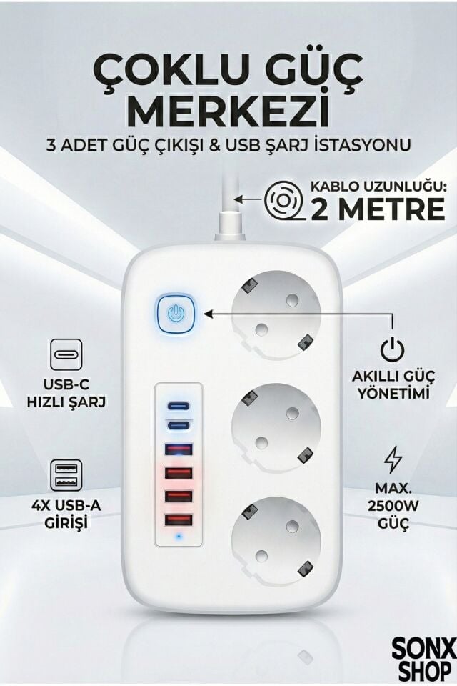 2500W Çoklu Priz 2 METRE – 3’lü AC Priz +5 USB Çıkışı AKIM KORUMALI Alev Almayan Gövde,