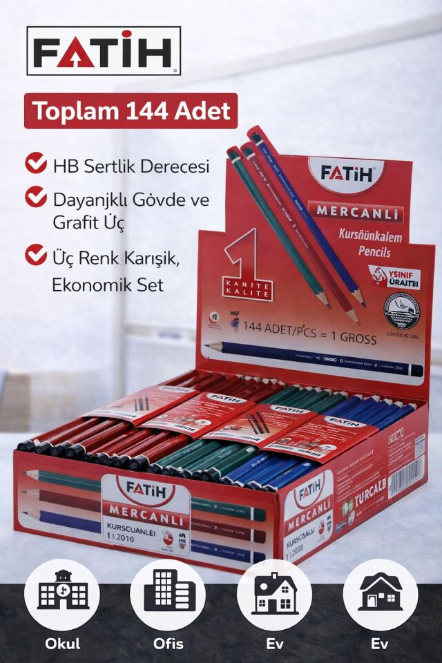 Fatih Mercanlı 12010 HB Kurşun Kalem Silgisiz 144 Adet Karışık Renk