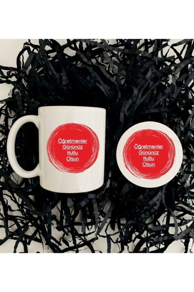 Öğretmenler Günü Kupa ve Ahşap Bardak Altlığı Seti -Kırmızı