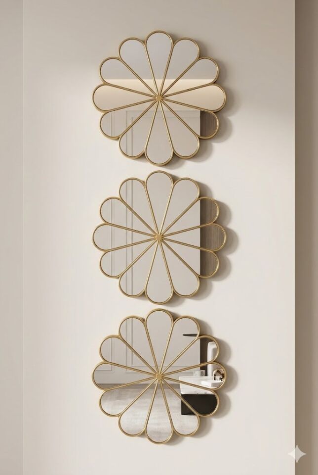 3’lü Gold Güneş Desenli Duvar Aynası Seti 25 cm | Dekoratif Yuvarlak Ayna