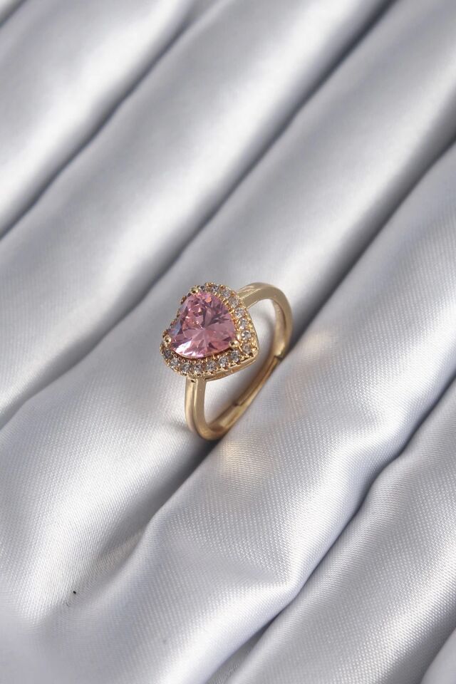 Mey İthalat® Pirinç Gold Renk Pembe Zirkon Taş Kalp Charm Model Kadın Yüzük