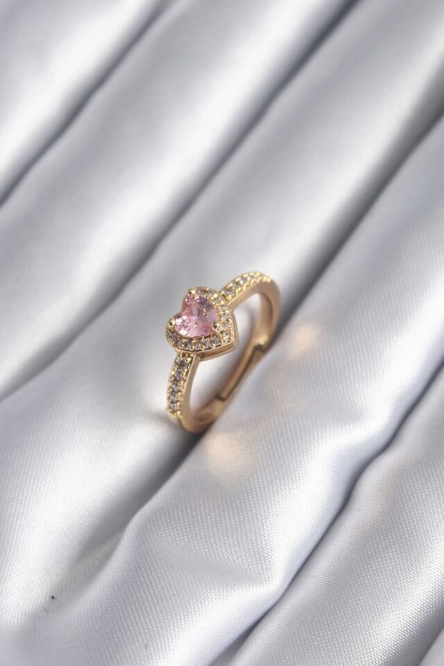 Mey İthalat® Pirinç Gold Renk Pembe Zirkon Taş Kalp Charm Model Kadın Yüzük