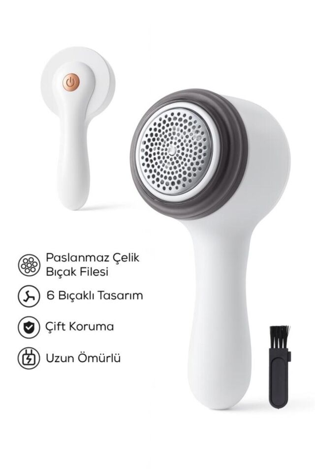 6 Bıçaklı Şarjlı Tüy Ve Tiftik Temizleme Makinesi Beyaz Yuvarlak Tasarım YEDEK BIÇAKLI