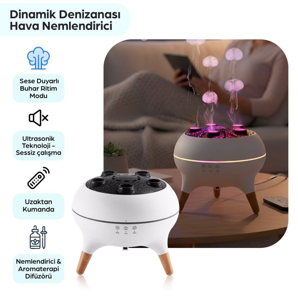 Jellyfish Ultrasonik Hava Nemlendirici – Deniz Anası Tasarımlı, Kumandalı, LED Işıklı ve Sese Duyarlı Ritim Modlu Buhar Makinesi