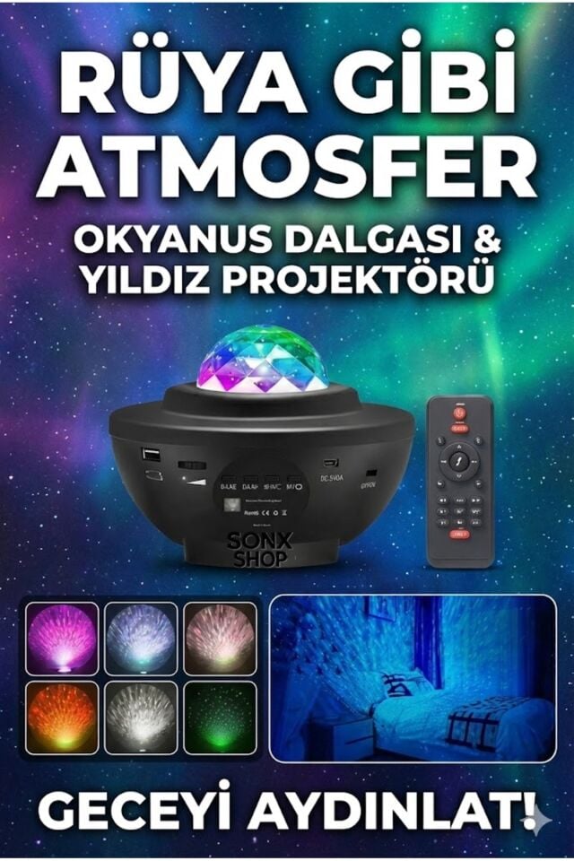 Galaksi Yıldız Projektörü ve Bluetooth Hoparlör 10 Renk Modlu Okyanus Dalgalı Gece & Disko Lambası