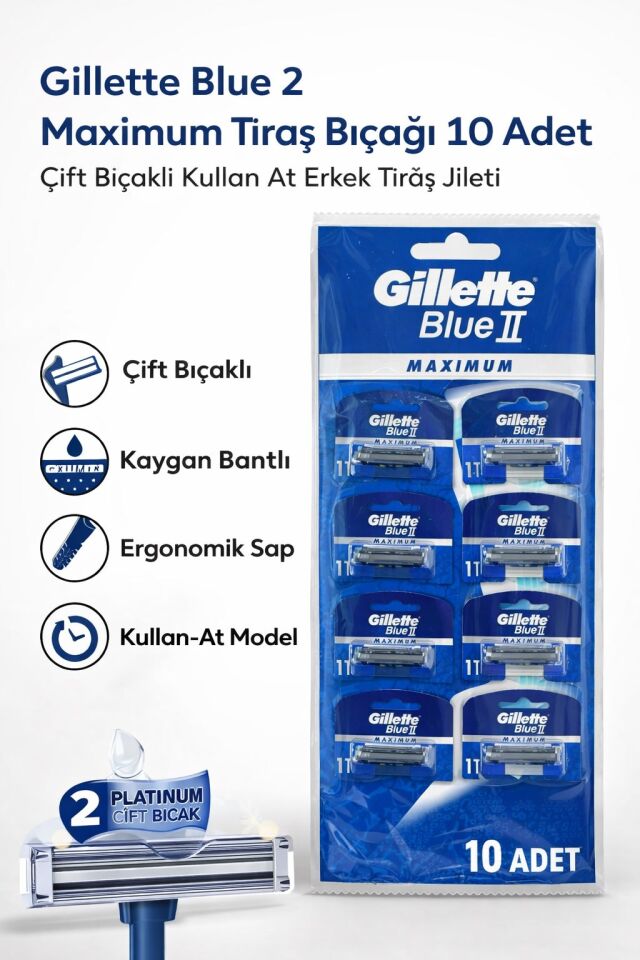 Gillette Blue 2 Maximum Tıraş Bıçağı 10 Adet Çift Bıçaklı Kullan At Erkek Tıraş Jileti