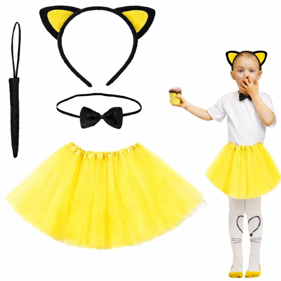 Sarı Renk Kedi Kostüm Seti - Tütü, Taç, Papyon, Kuyruk