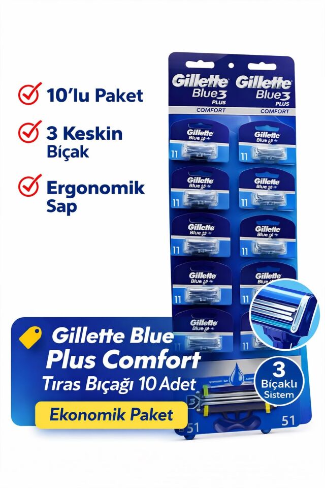 Gillette Blue 3 Plus Comfort Tıraş Bıçağı 10 Adet – 3 Bıçaklı Ergonomik Saplı Erkek Tıraş Bıçağı Seti