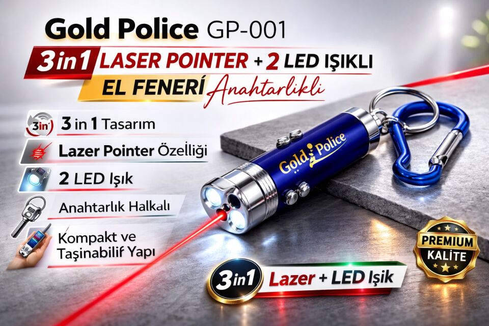 Gold Police GP-001 3 in 1 Laser Pointer + 2 LED Işıklı El Feneri Anahtarlıklı 1 Adet