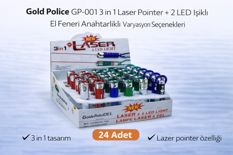 Gold Police GP-001 3 in 1 Laser Pointer + 2 LED Işıklı El Feneri Anahtarlıklı 24 Adet