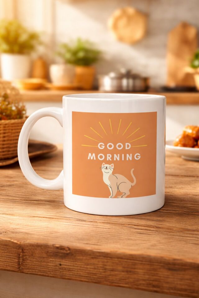 Good Morning Kedi Desenli Porselen Kupa MODEL 72 – Sevimli Kedi Figürlü, Kahve & Çay Kupası, Hediyelik Porselen Bardak