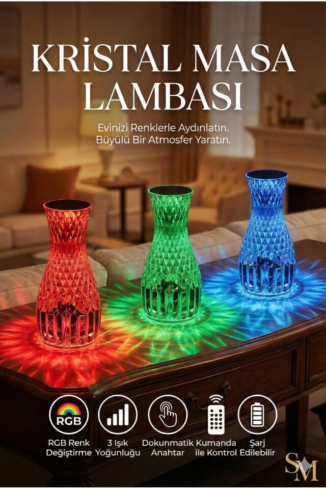 Kristal Masa Lambası Rgb Renk Değiştiren Gece Lambası 16 Renk Ve 4 Mod Dokunmatik Kontrol