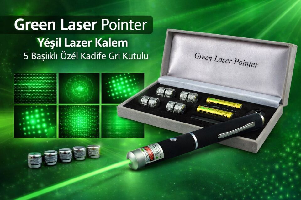 Green Laser Pointer Yeşil Lazer Kalem 5 Başlıklı Özel Kadife Gri Kutulu