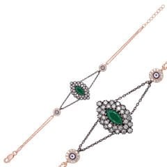 925 Ayar Gümüş Rose Mat Yeşil Taşlı Otantik Bileklik (BR0460468) (491491)