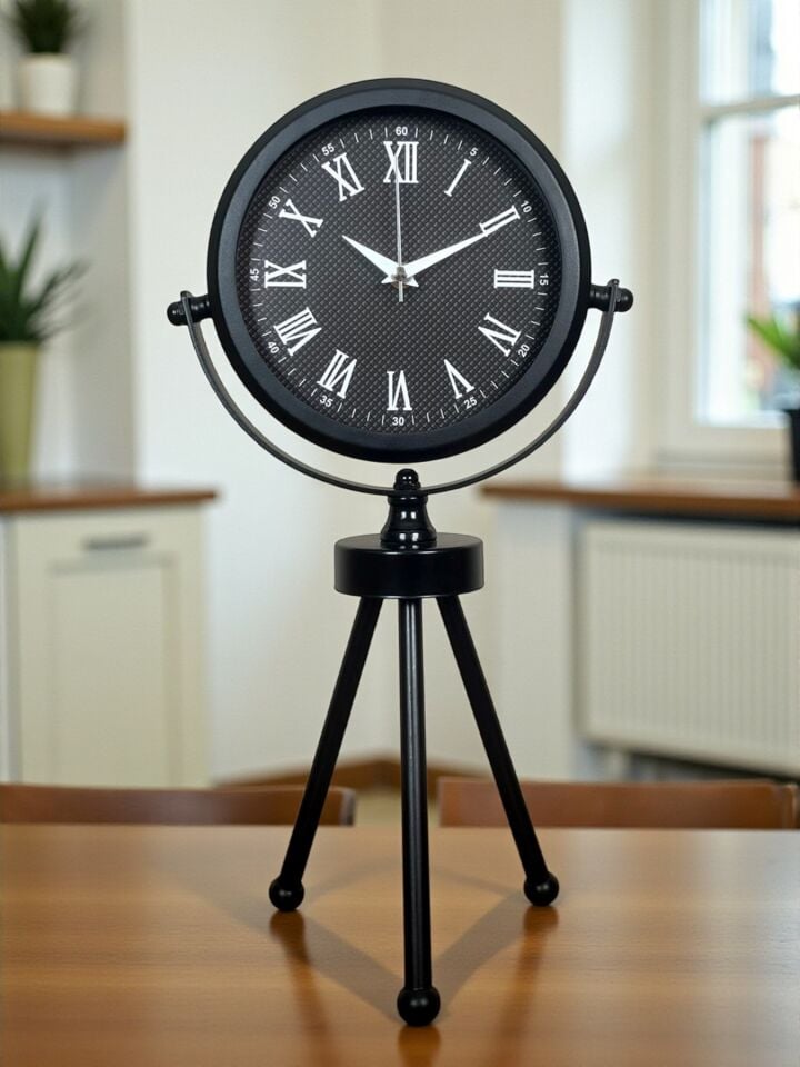 Siyah Zarif Dekoratif Üç Ayaklı Metal Masa Saati