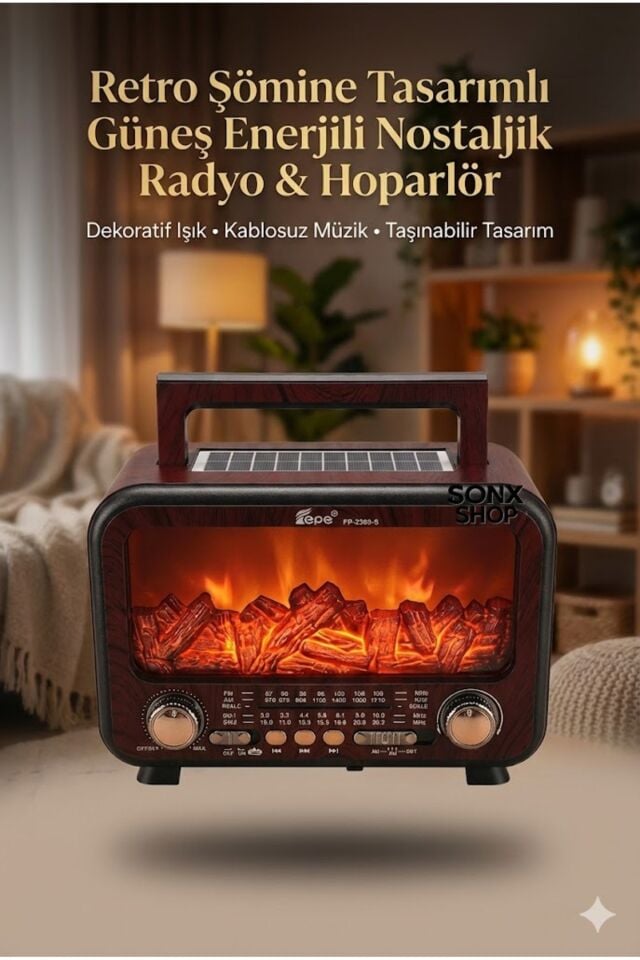 Şömine Alev Efektli  Bluetooth Hoparlör Radyo – Güneş Enerjili