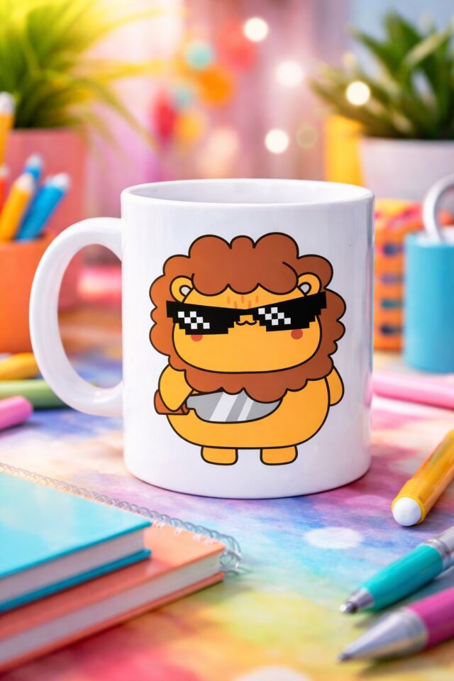 Havalı Aslan Figürlü Porselen Kupa MODEL 94 – Eğlenceli Tasarım Ofis & Ev İçin Özel Kupa