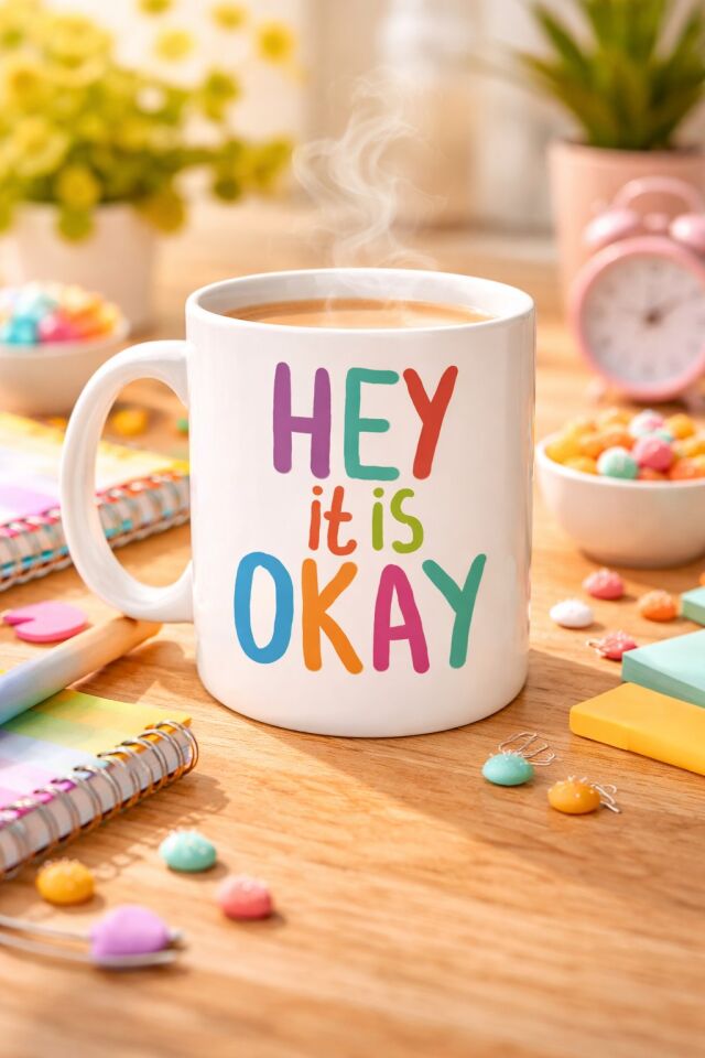 Hey It Is Okay Motivasyon Kupası MODEL 137 – Renkli Tasarım Porselen Kupa – Moral Veren, Pozitif Mesajlı Kahve & Çay Kupası