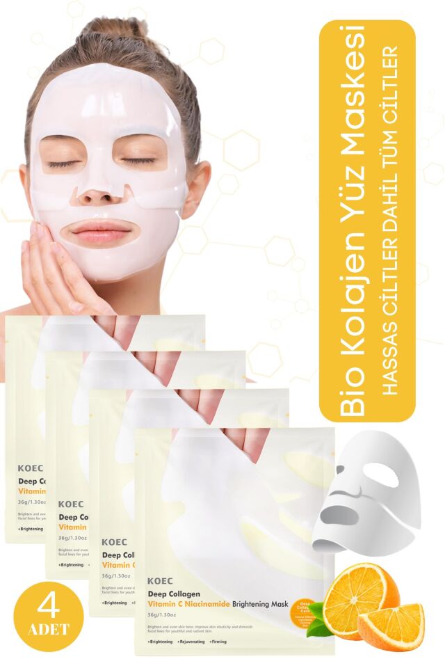 Bio Kolajen Şeffaf Kore Maskesi - C Vitamin ve Niacinamide İçerikli Parlaklık ve Nemlendirme 4 Adet