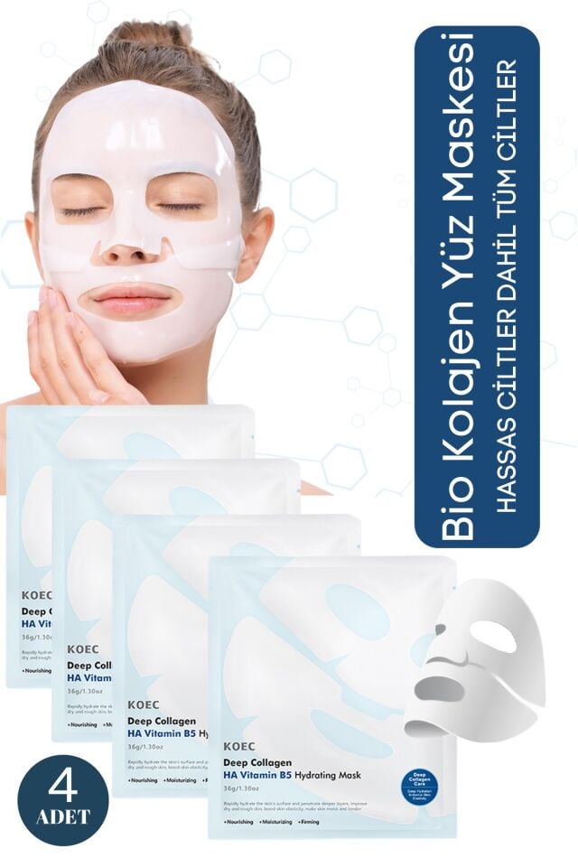 Bio Kolajen Şeffaf Kore Maskesi - HA ve Vitamin B5 İçerikli Parlaklık ve Nemlendirme 4 Adet