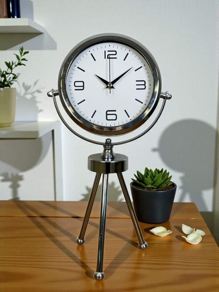 Elegance Krom Tripod Üç Ayaklı Metal Masa Saati