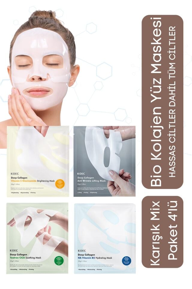 Bio Deep Kolajen Şeffaf Yüz Maskesi Seti - Kore Güzelliği, Parlaklık ve Nemlendirme 4’lü