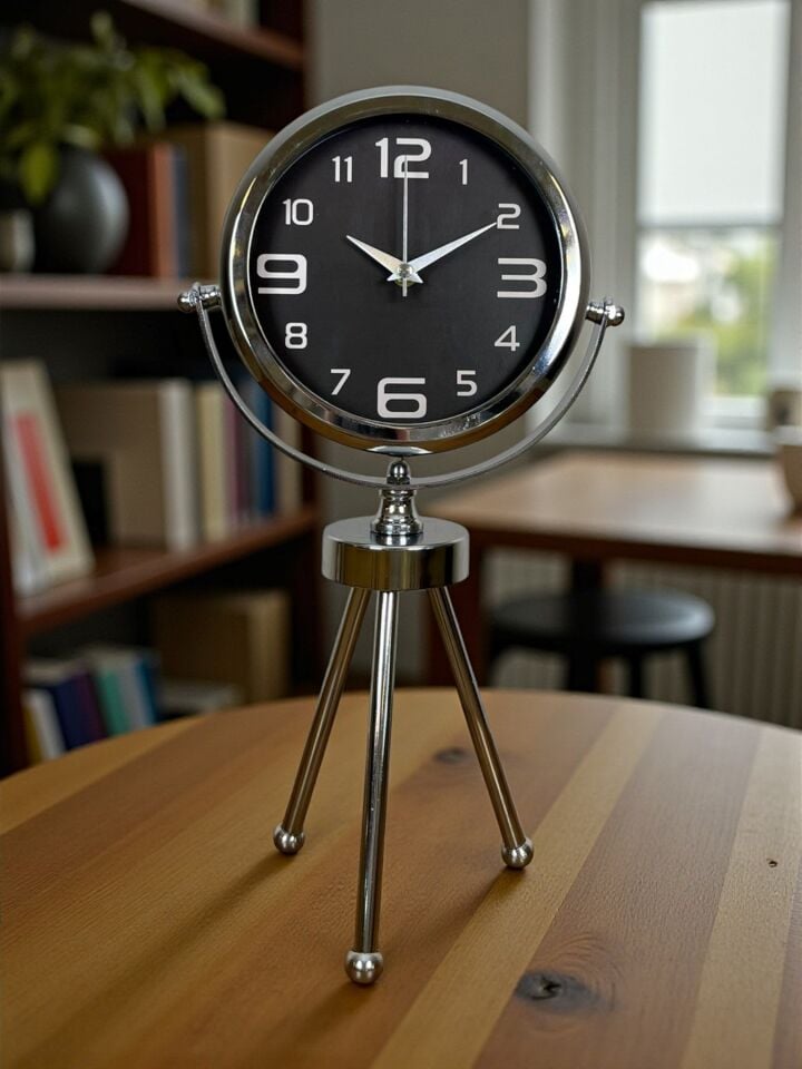 Krom Asil Üç Ayaklı Metal Masa Saati