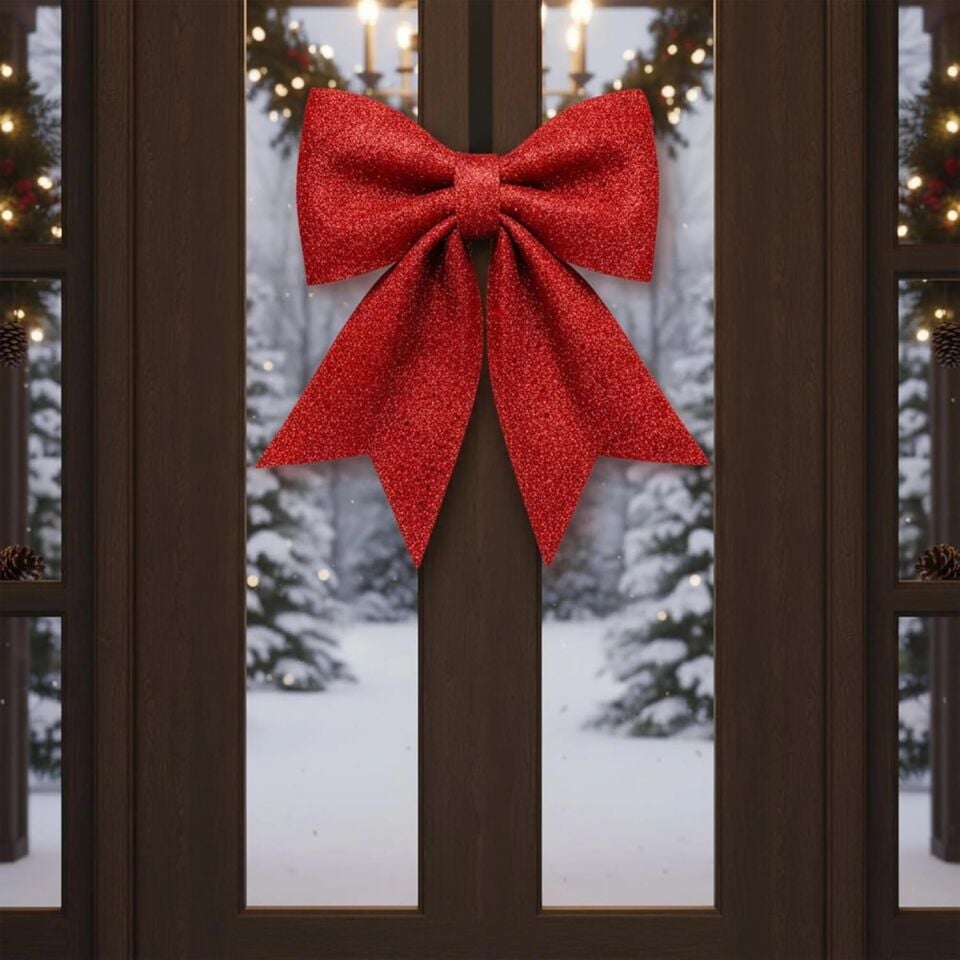 Büyük ve Kaliteli Kırmızı Simli Eva Fiyonk Dekor Yılbaşı Çam Ağacı Kapı Süsü 60 X 65cm