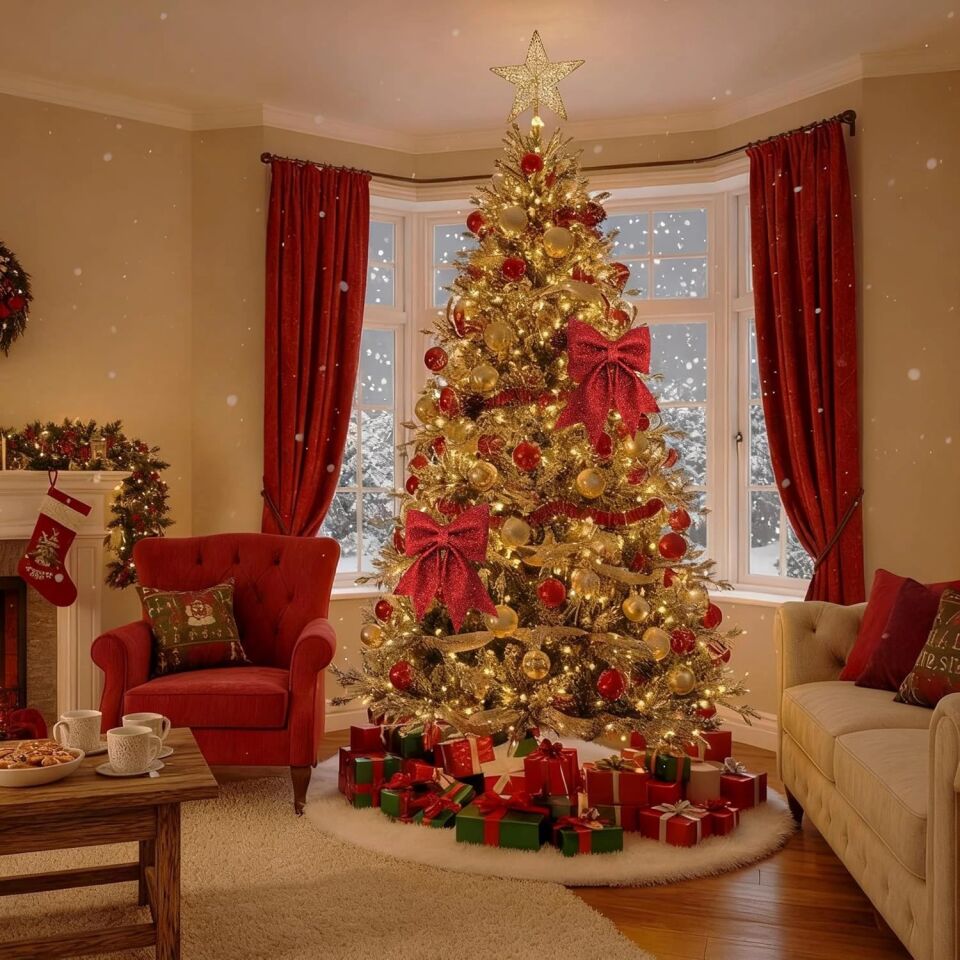 Büyük ve Kaliteli Kırmızı Simli Eva Fiyonk Dekor Yılbaşı Çam Ağacı Duvar Süsü 60 X 65cm