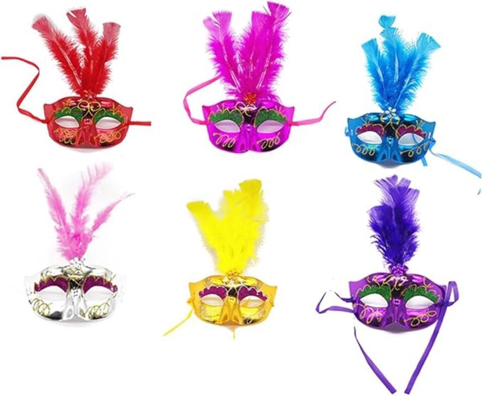 Mey İthalat® Renkli Tüylü Venedik Parti Maskesi Karışık Renk 12 Adet