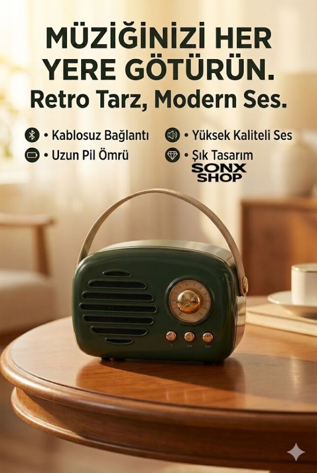 SONX Nostaljik Retro Bluetooth  - FM Radyo, USB ve Bluetooth Kablosuz Hoparlör