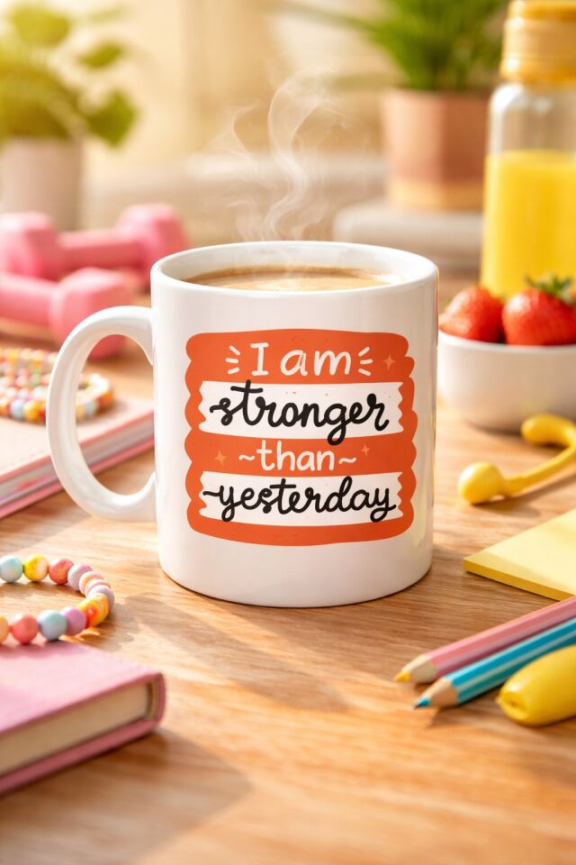 I Am Stronger Than Yesterday Motivasyon Kupası MODEL 136 – İlham Veren Tasarım, Porselen Kahve & Çay Kupası – Günlük Motivasyon Hediyesi