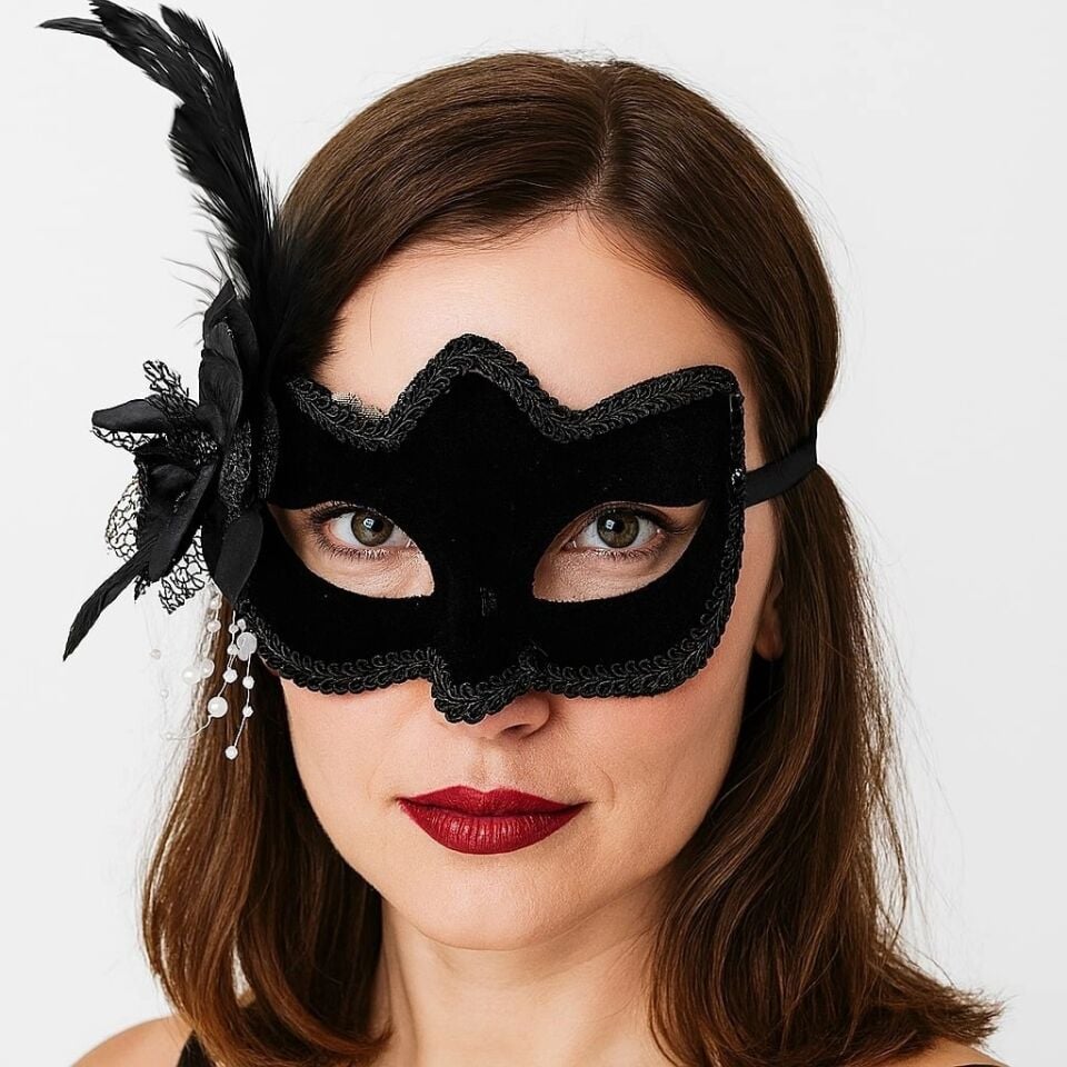 Mey İthalat® Siyah Renk Yandan Tüylü Beyaz İncili Süet Kaplama A Kalite Lüks Parti Maskesi 20x23 cm