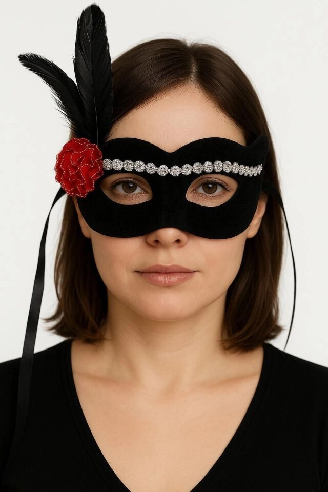 Mey İthalat® Siyah Renk Süet Kaplama Gümüş Dantelli Kırmızı Gül Tasarımlı Parti Maskesi 18x20 cm