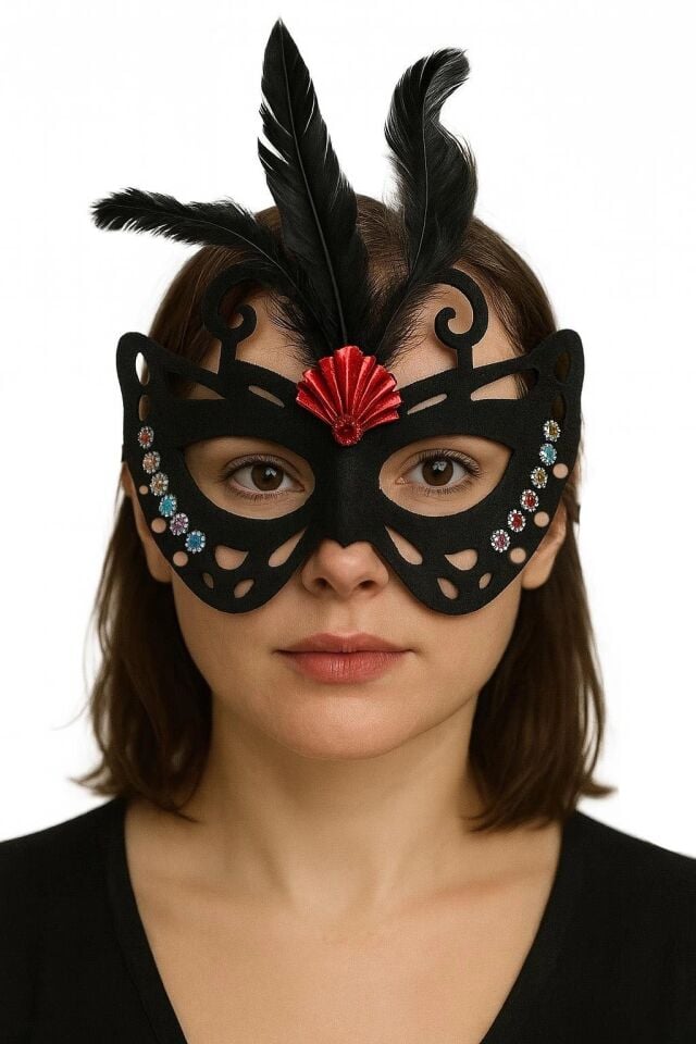 Mey İthalat® Siyah Renk Siyah Süet Kaplama Tüylü Kelebek Figür Parti Maskesi 24x18 cm