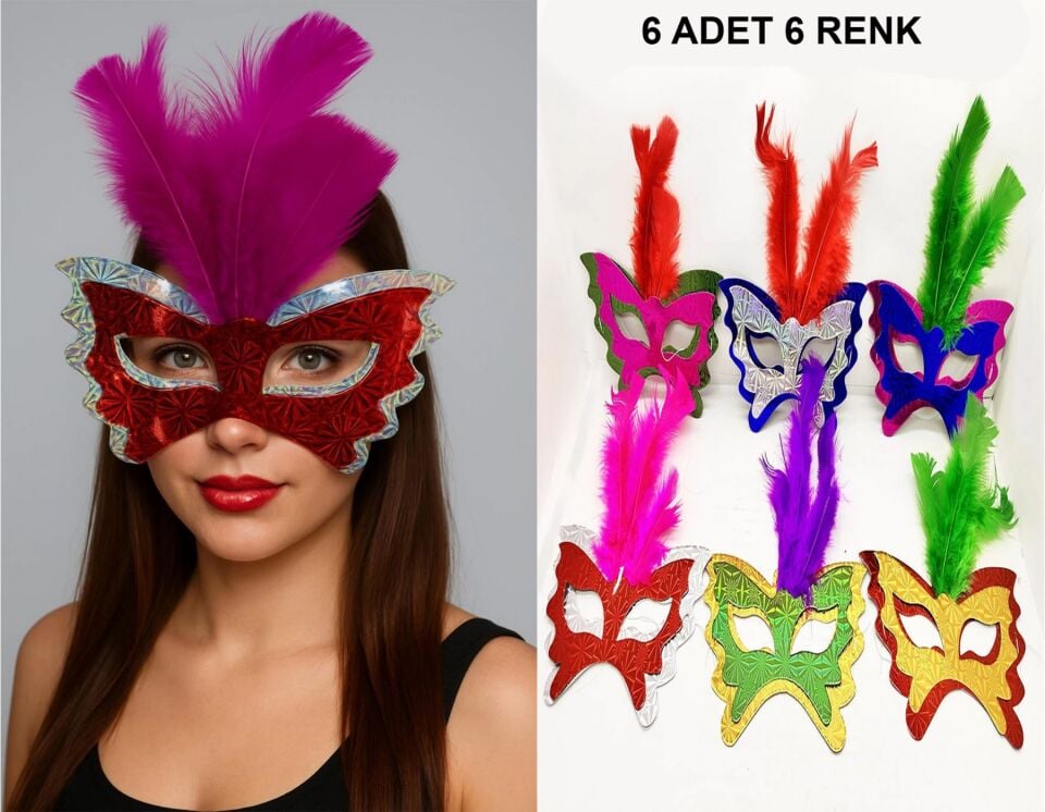 Mey İthalat® Renkli Parti Maskesi 6'lı | Tüylü Karton Maske Seti (Lastikli)