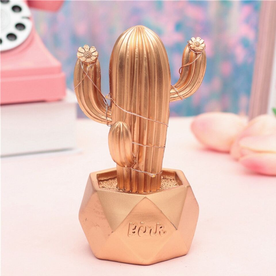 AD Led Işıklı Sevimli Kaktüs Dekoratif Masa Lambası Mini Biblo Gece Lambası-GOLD