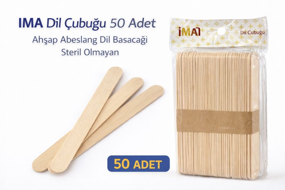 İMA Dil Çubuğu 50 Adet Ahşap Abeslang Steril Olmayan Tahta Dil Basacağı 1 Paket