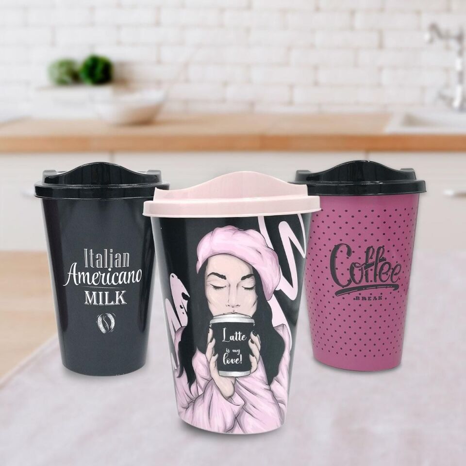 AD 3 Adet Kahve Bardağı Seti Dekoratif Plastik Kahve Muhafaza Bardağı