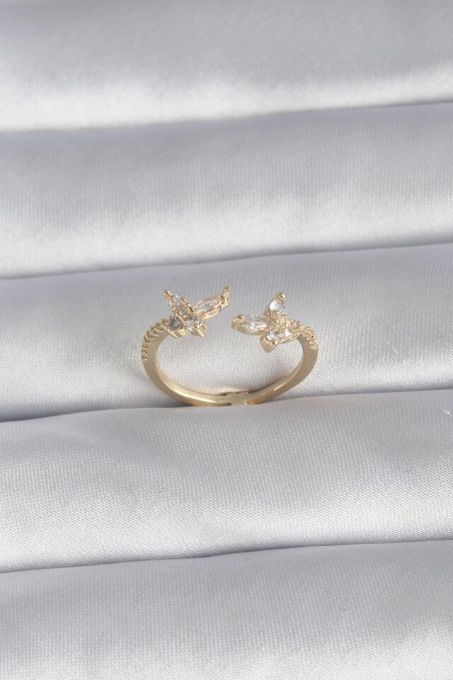 Mey İthalat® Pirinç Gold Renk Zirkon Taşlı Kelebek Model Kadın Yüzük