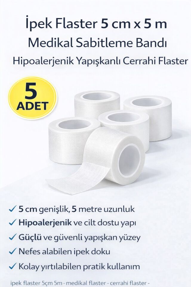 İpek Flaster 5 cm x 5 m 5 Adet Medikal Sabitleme Bandı Hipoalerjenik Yapışkanlı Cerrahi Flaster