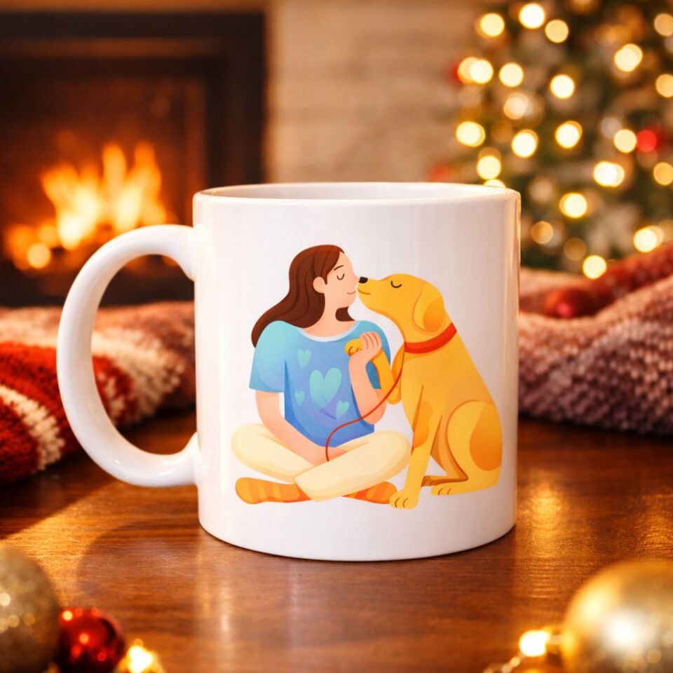 Kadın ve Köpek Figürlü Sevgi Temalı Porselen Kupa MODEL 78 – Hayvanseverlere Özel Anlamlı Tasarım Kahve Kupası