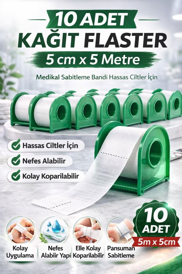 Kağıt Flaster 5 cm x 5 m 10 Adet Medikal Sabitleme Bandı Hassas Ciltler İçin