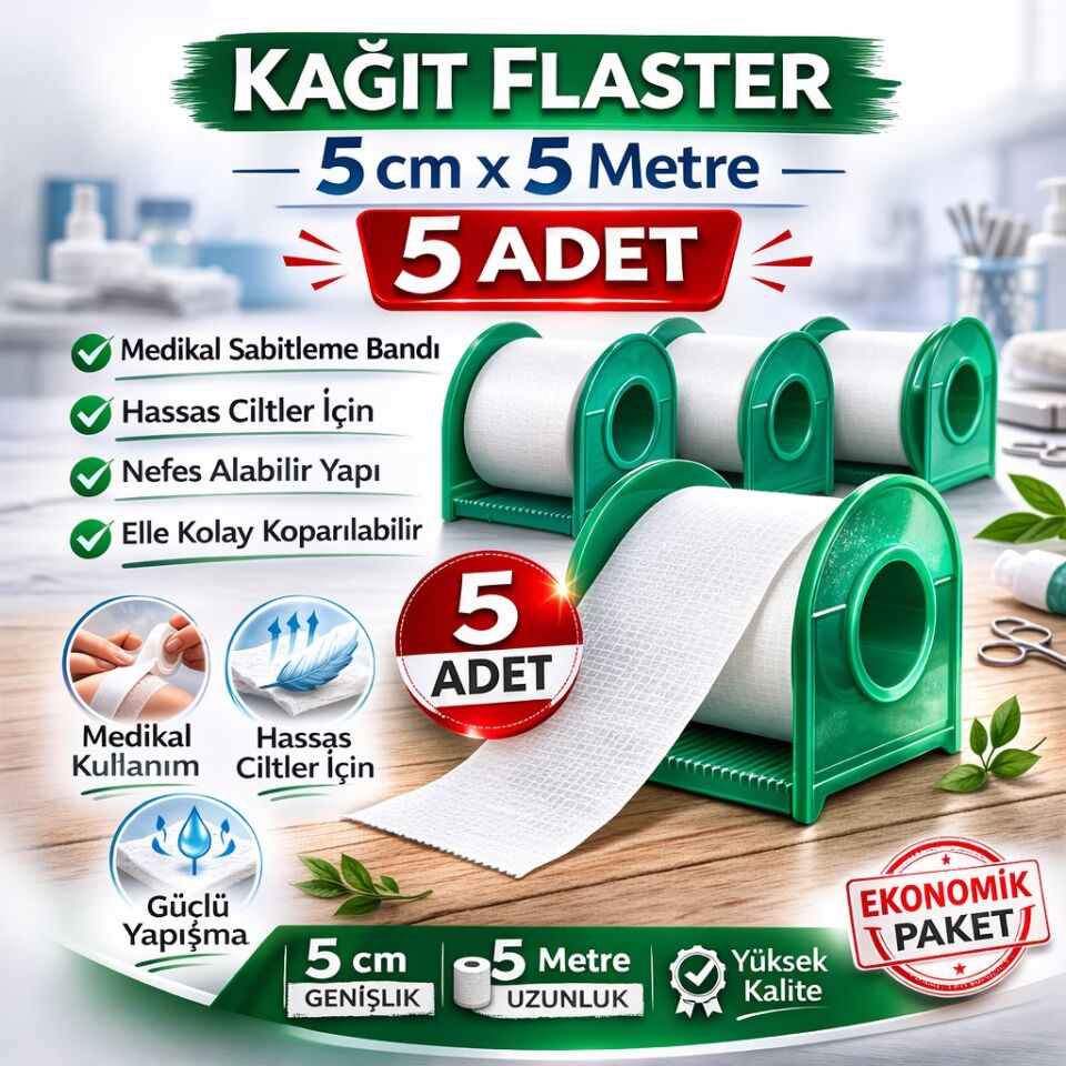 Kağıt Flaster 5 cm x 5 m 5 Adet Medikal Sabitleme Bandı Hassas Ciltler İçin