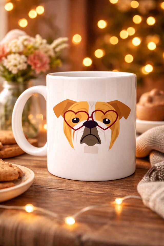 Kalpli Gözlüklü İngiliz Bulldog Tasarımlı Porselen Kupa Model 52 – Sevimli Köpek Desenli Kahve & Çay Kupası