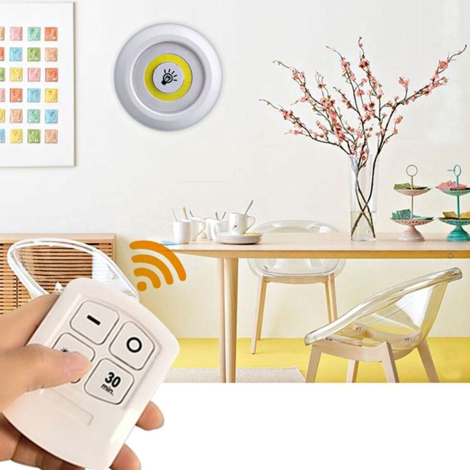 AD 3lü Uzaktan Kumandalı Pilli Yapışkanlı Kablosuz Led Spot Lambalar