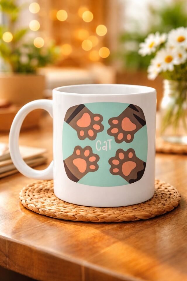 Kedi Patili Sevimli Tasarım Porselen Kupa MODEL 71 – Cat Yazılı, Kahve & Çay Kupası – Hayvanseverlere Özel Hediye