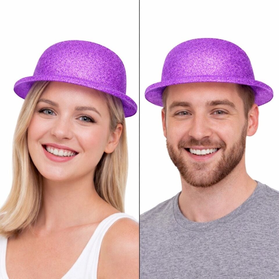 Mey İthalat® Mor Simli Melon Şapka | İnce Plastik Glitter Yetişkin Parti Şapkası