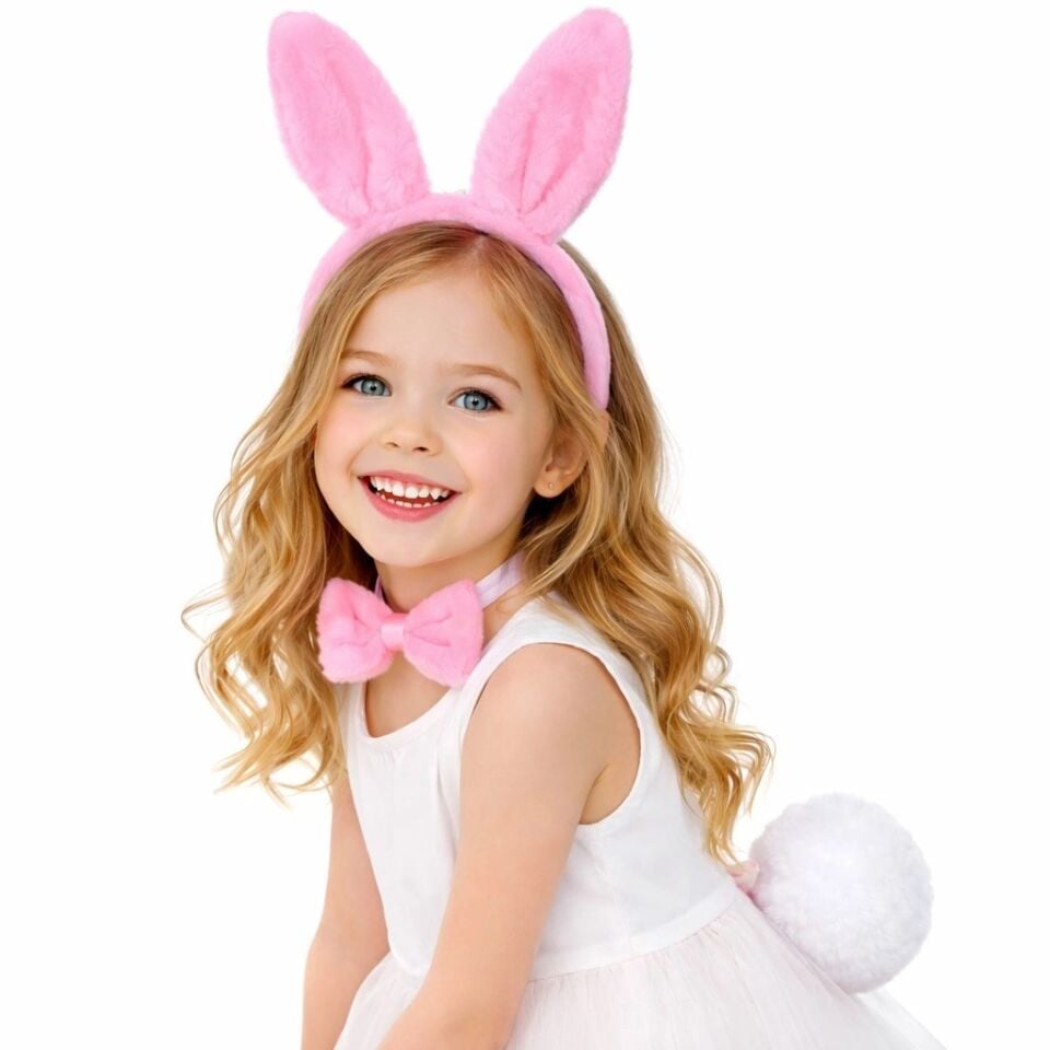 Mey İthalat® Pembe Full Tavşan Kulak Papyon Kuyruk 3'lü Parti Seti